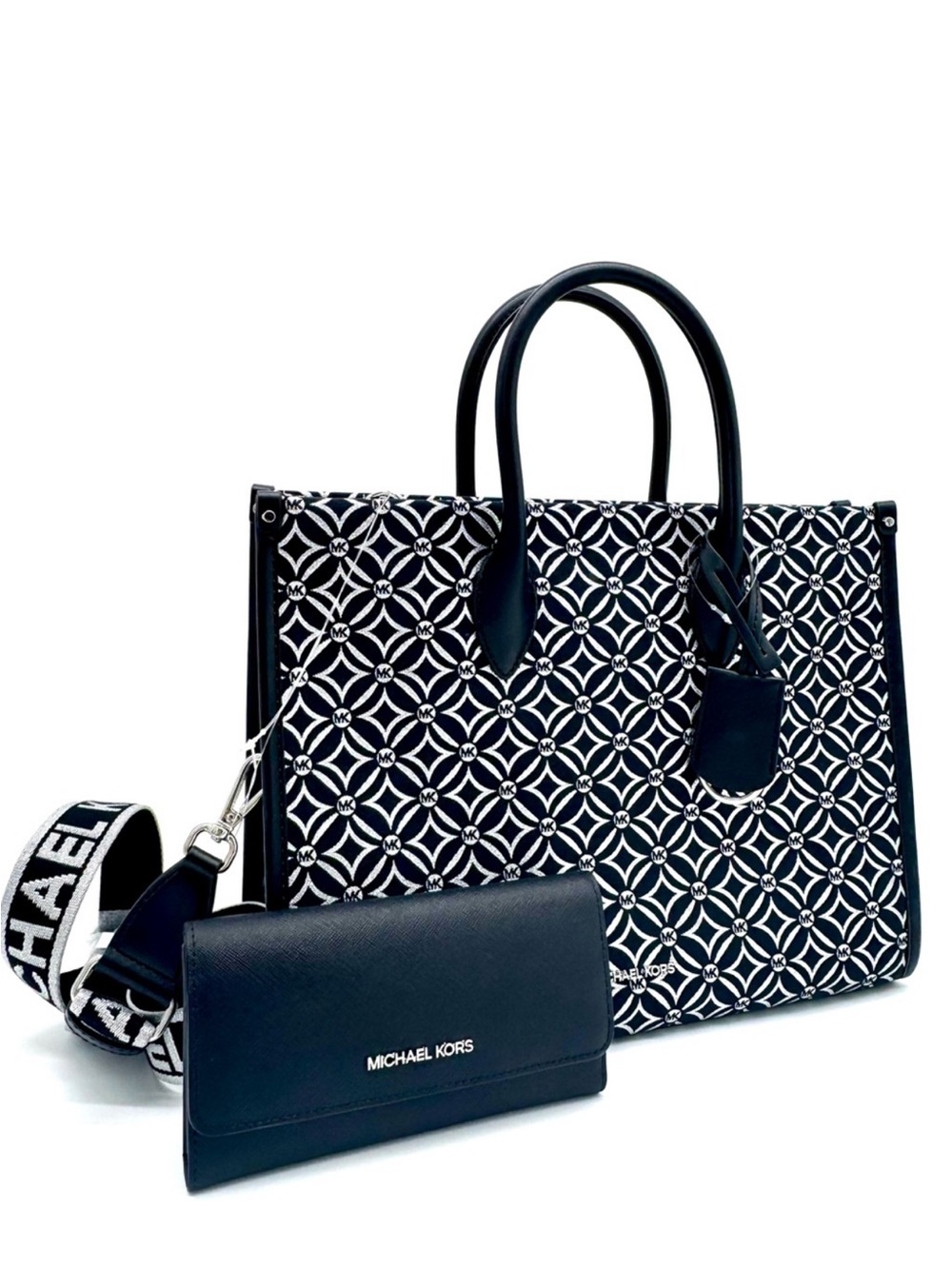 Michael Kors Medium Mirella Tote Bag & Large Trifold Wallet - Black /Silver